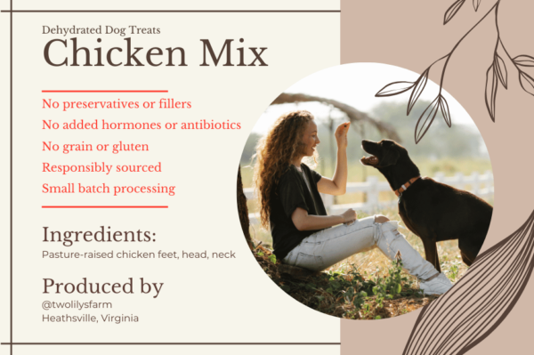 Product benefit list of dehydrated chicken feet, neck, and head dog treats with a person feeding a dog