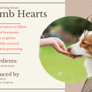 Product benefit list of dehydrated lamb heart dog treats with a dog